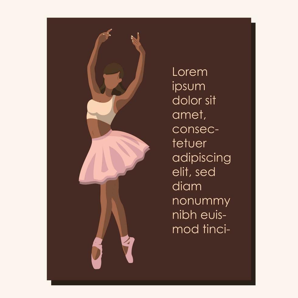 afrikanisch amerikanisch gesichtslos Ballett Tänzer im ein Rosa Tutu und pointe Schuhe Tanzen auf ein braun Hintergrund mit Kopieren Raum, Text Lorem ipsum. Vektor Illustration im eben Stil