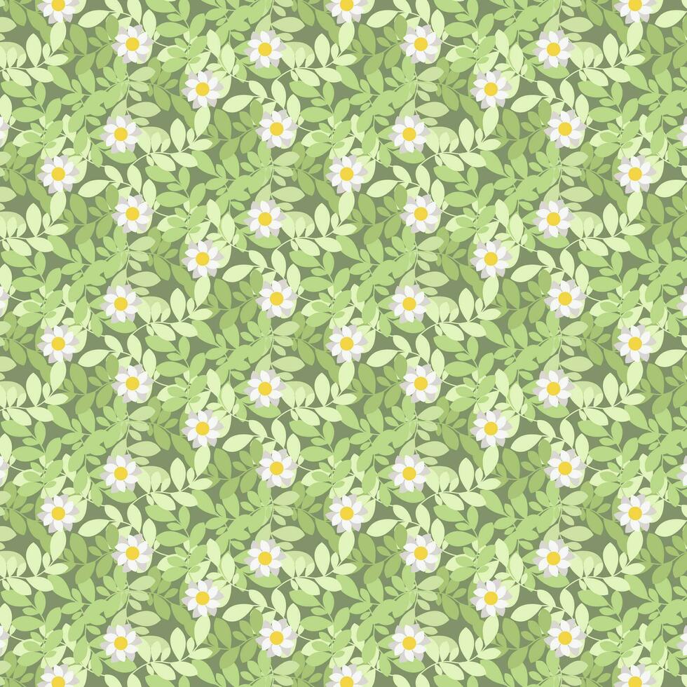 nahtlos Muster von Gänseblümchen Blumen mit Blätter, Vektor Illustration. Design zum Hintergrund, Mode, Textil, Stoff, Verpackung, und alle druckt auf Grün