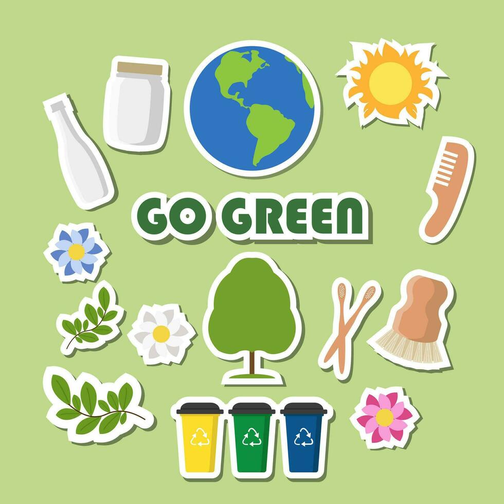 Öko Aufkleber mit Beschriftung gehen grün. Poster, Karte, Etikett, und Banner Design Ökologie Thema. Vektor Illustration