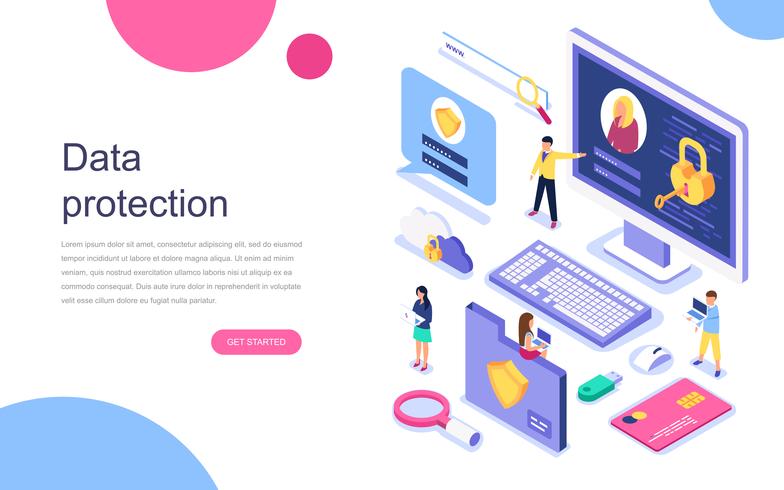 Modern plandesign isometrisk koncept för dataskydd för banner och hemsida. Målsida mall. Kreditkortskontroll och programvaruåtkomstdata är konfidentiella. Vektor illustration.