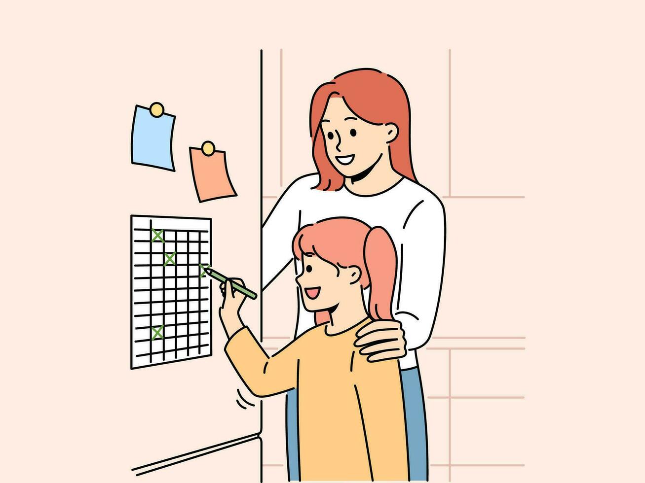 lächelnd Mutter und Tochter stellen Markierungen auf zu tun aufführen auf Kühlschrank. glücklich Mama und Kind prüfen fertig Täglich Aufgaben. Planung und Zeit Management. Vektor Illustration.