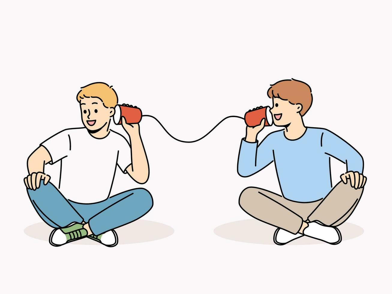 lächelnd Jungs sich unterhalten auf Zinn können Telefon. glücklich Kinder haben Spaß sprechen auf handgemacht Tassen Telefon. Kindheit. Vektor Illustration.