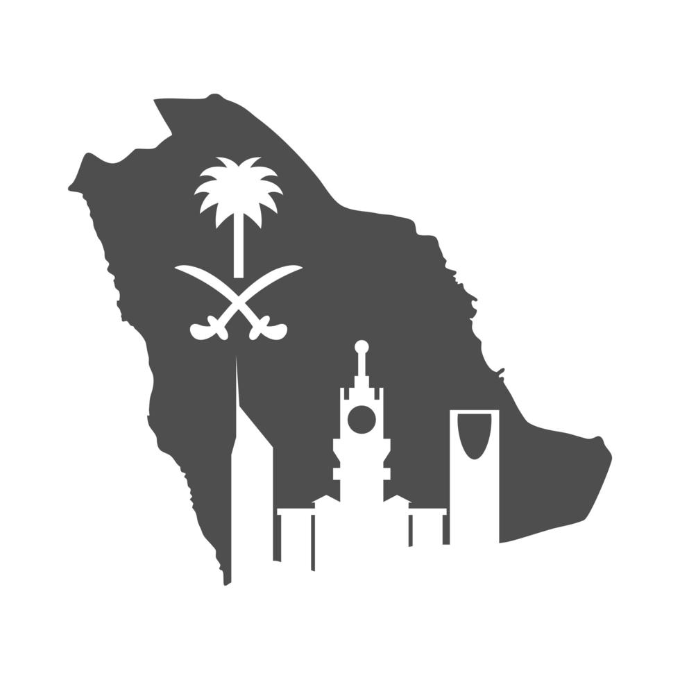 Saudiarabien flaggkarta och stadens silhuett stilikon vektor