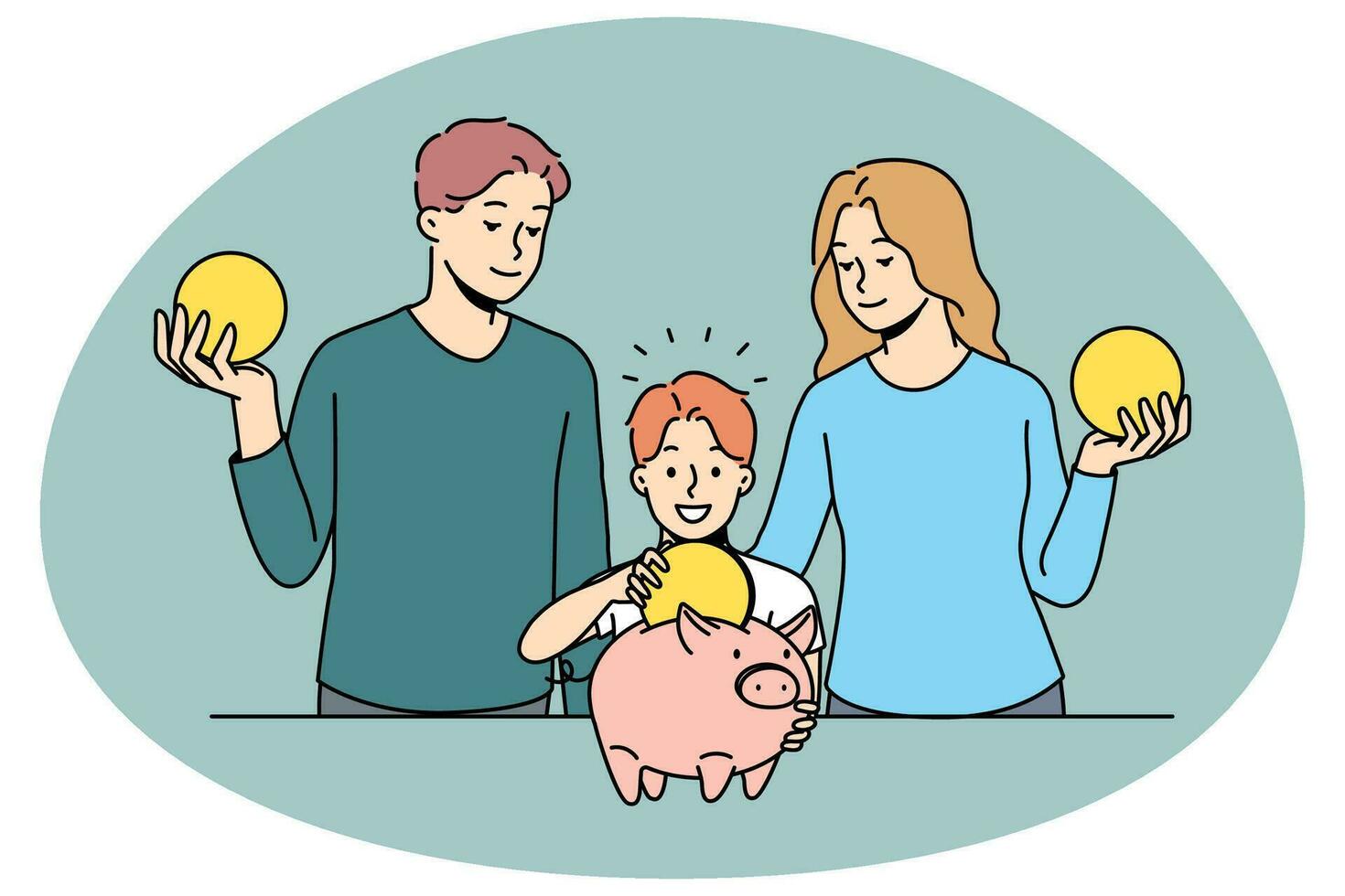 glücklich Eltern und Kind Speichern Geld im Sparschwein vektor