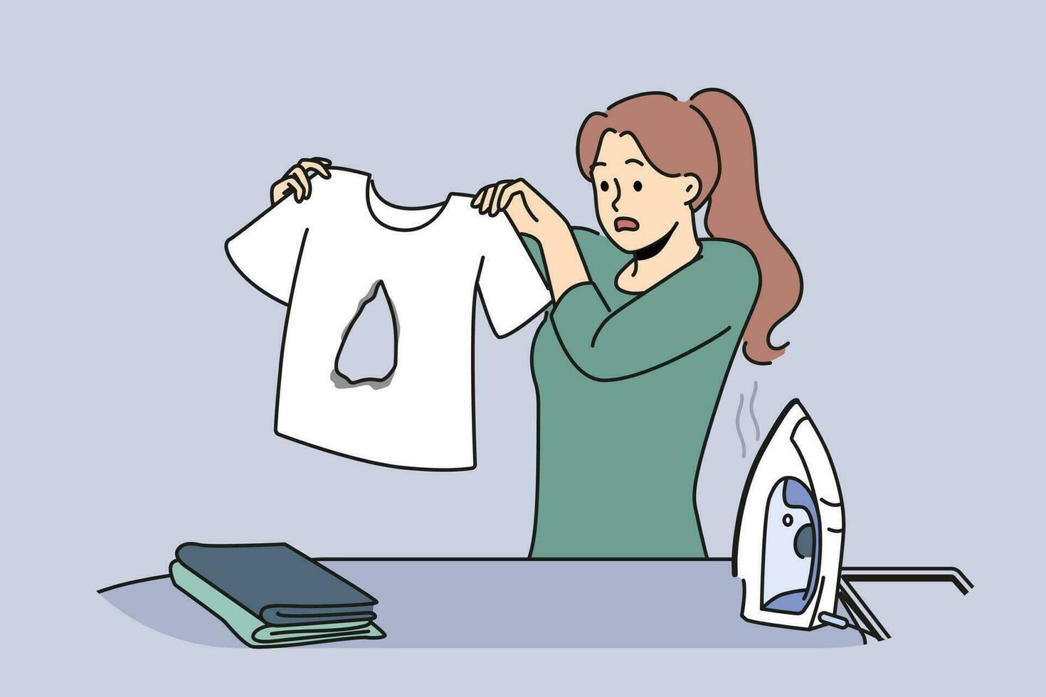 klumpig hemmafru strykning kläder bränd hål i t-shirt och gör inte känna till på vilket sätt till fixera misstag. kvinna står nära strykning styrelse med kläder och järn och utseende på skadad Artikel i förvirring. vektor
