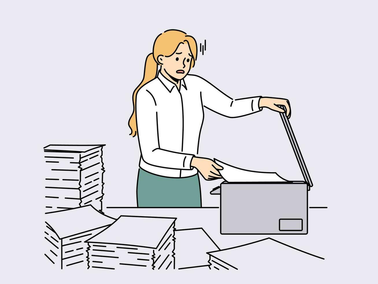 überwältigt weiblich Mitarbeiter haben Probleme Herstellung Kopien beim Kopierer im Büro. betont Frau Arbeiter Duplikat Papierkram im Kopieren Maschine. Vektor Illustration.