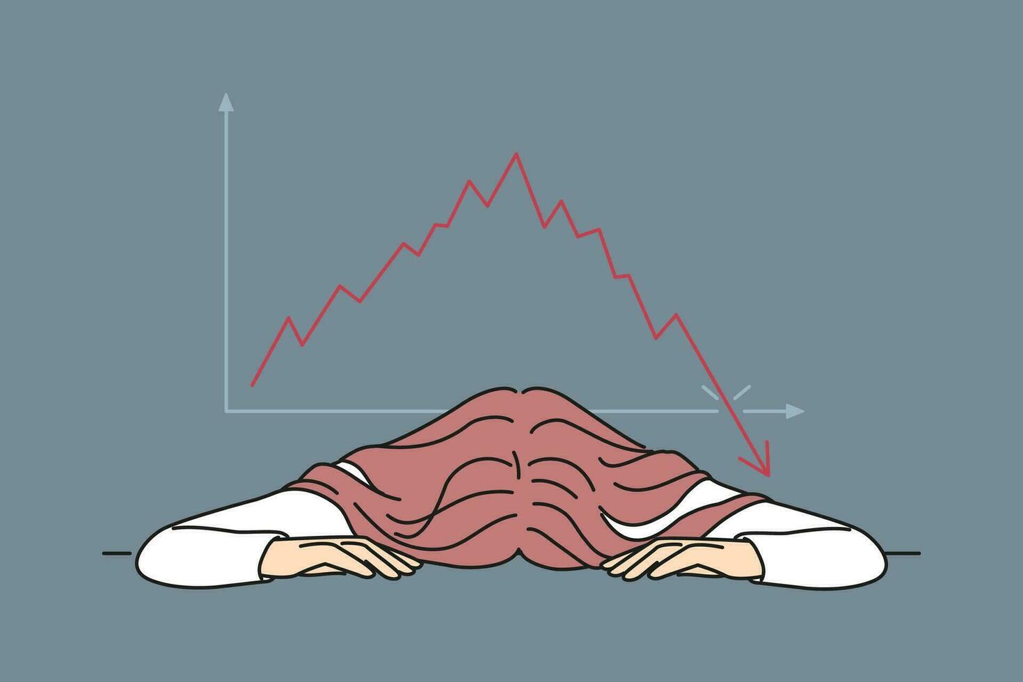 bankrutt affärskvinna sätta huvud på tabell nära Diagram demonstrera kris falla av stock marknadsföra. bankrutt kvinna investerare upprörd förbi dålig Nyheter handla om stock pris nedgång eller matad Betygsätta skära för utlåning vektor