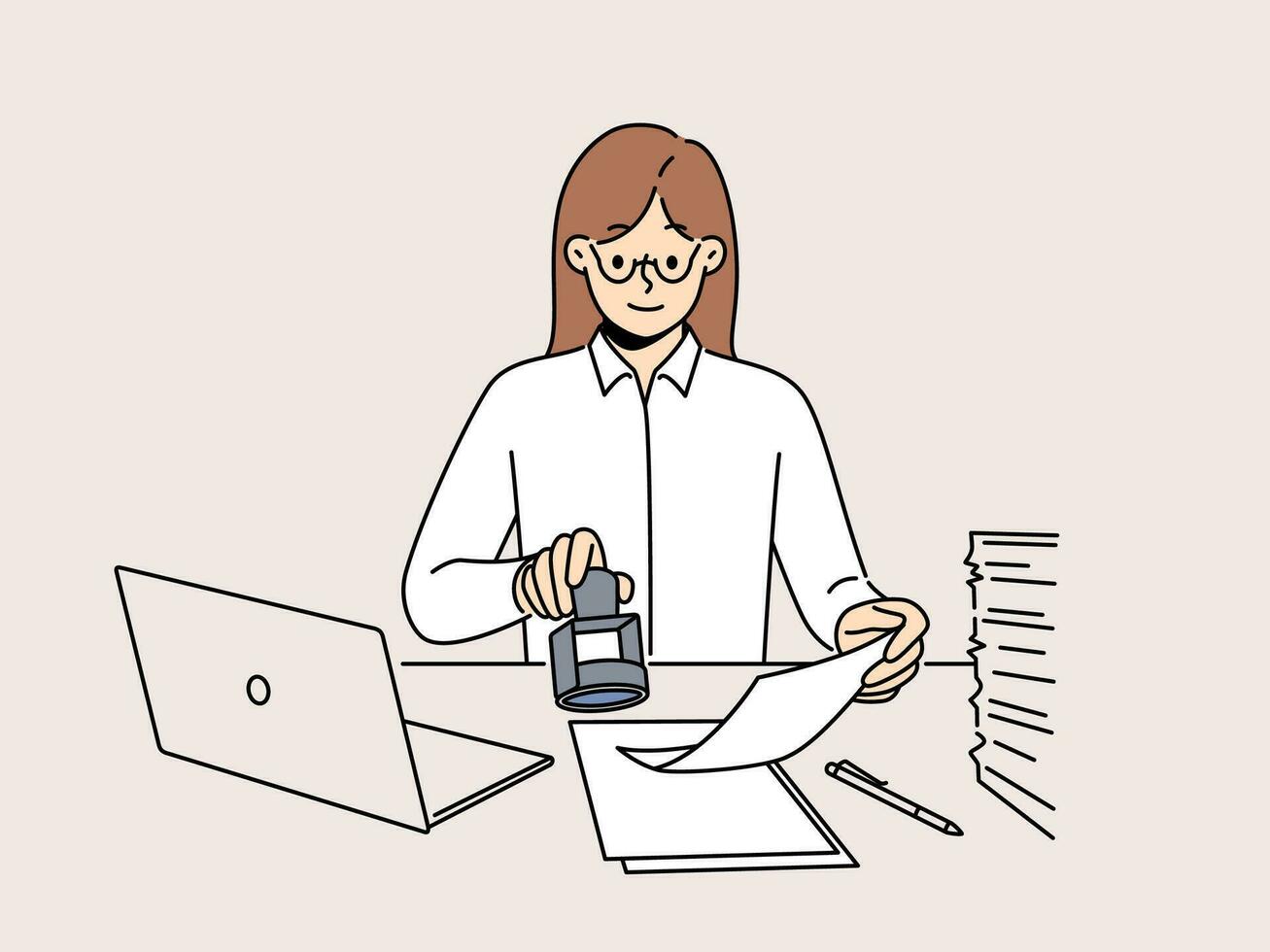zuversichtlich Geschäftsfrau sitzen beim Schreibtisch Arbeit auf Computer Briefmarke Unterlagen. lächelnd weiblich Mitarbeiter Zeichen Papierkram im Büro. Sekretär arbeiten. Vektor Illustration.