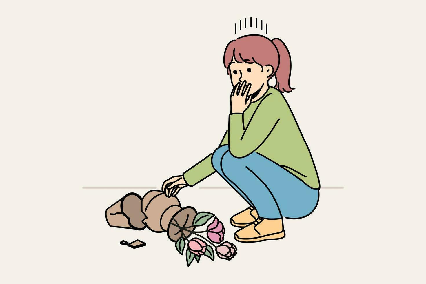 liten flicka ha sönder blomkruka känsla bedrövad och emotionell. små barn betonade med bruten blomma pott. barndom problem. vektor illustration.