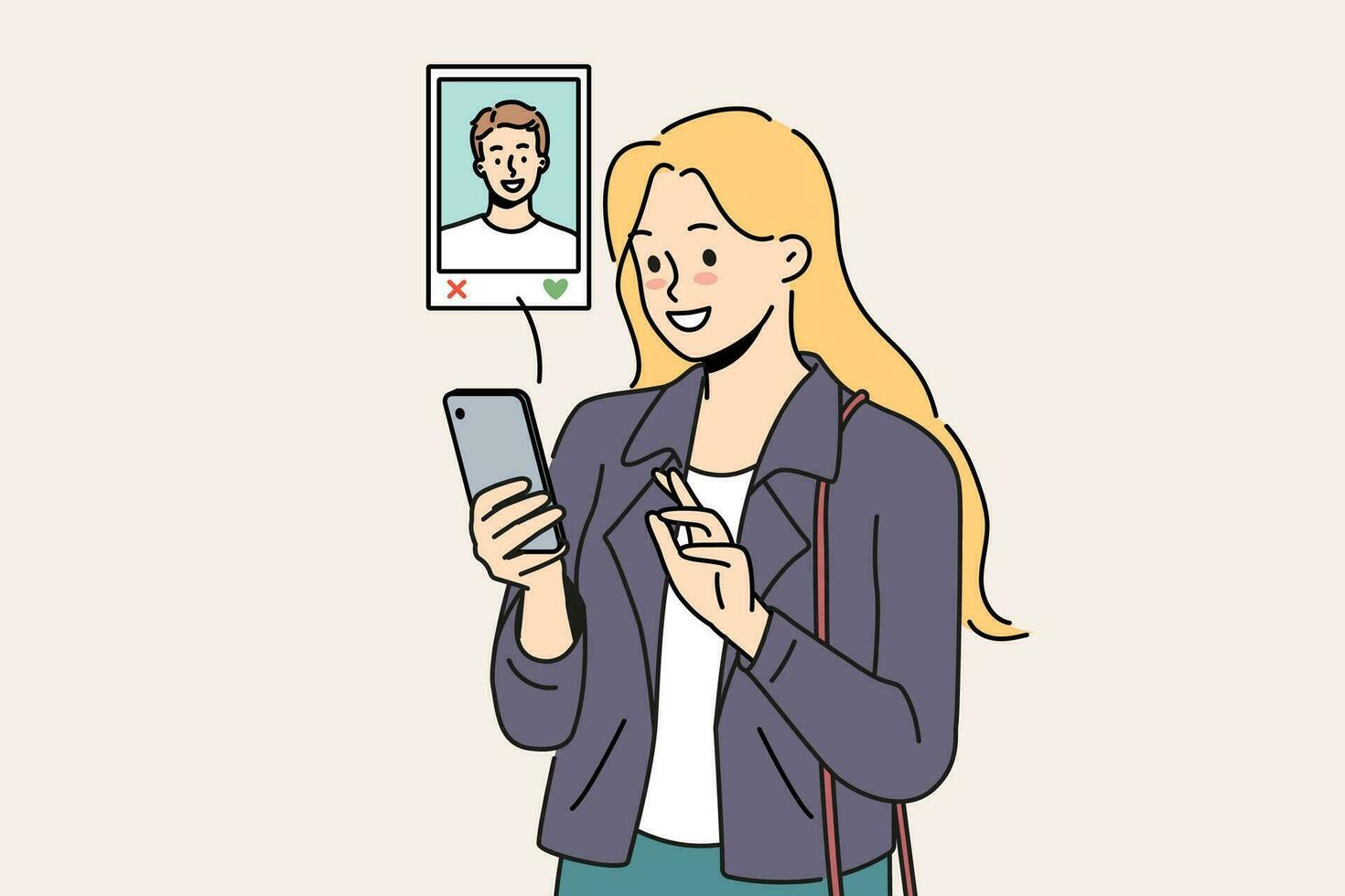 kvinna användningar dejting app på mobil telefon, välja kille gillar förbi Foto och bläddring profil. flicka med smartphone besök webbplatser för uppkopplad dejting och håller med på datum eller gående till bio vektor