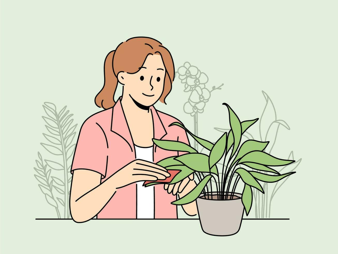 leende kvinna rena löv på krukväxt. Lycklig flicka ta vård av växt på Hem. trädgårdsarbete och hobby begrepp. vektor illustration.