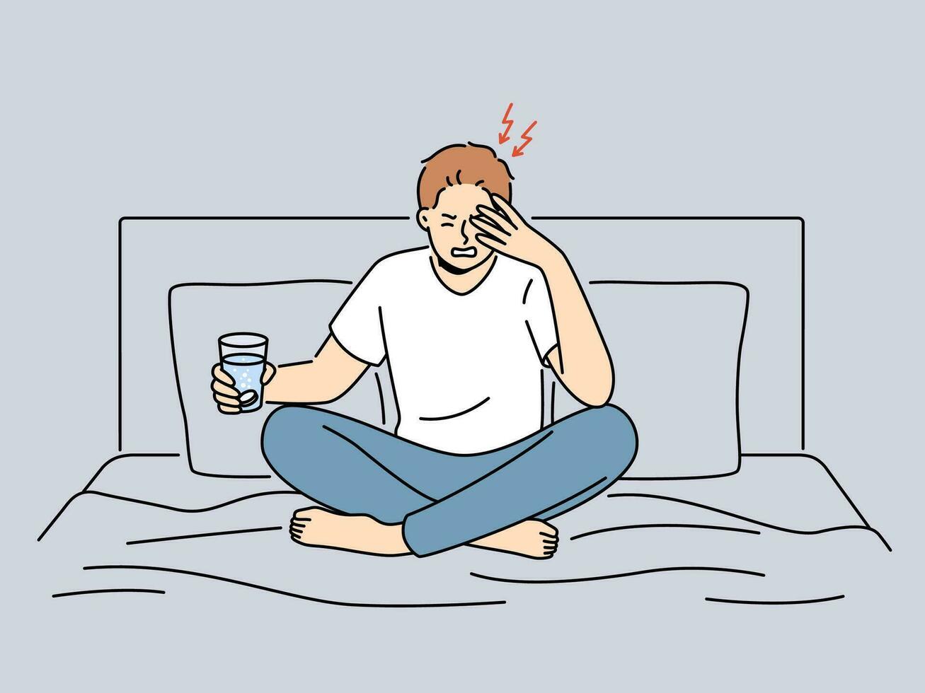 ungesund Mann sitzen auf Bett leiden von Migräne halten Glas von Wasser mit Pille. nicht wohl Kerl Kampf mit Kopfschmerzen von Kater nehmen Schmerzmittel Medikament. Vektor Illustration.