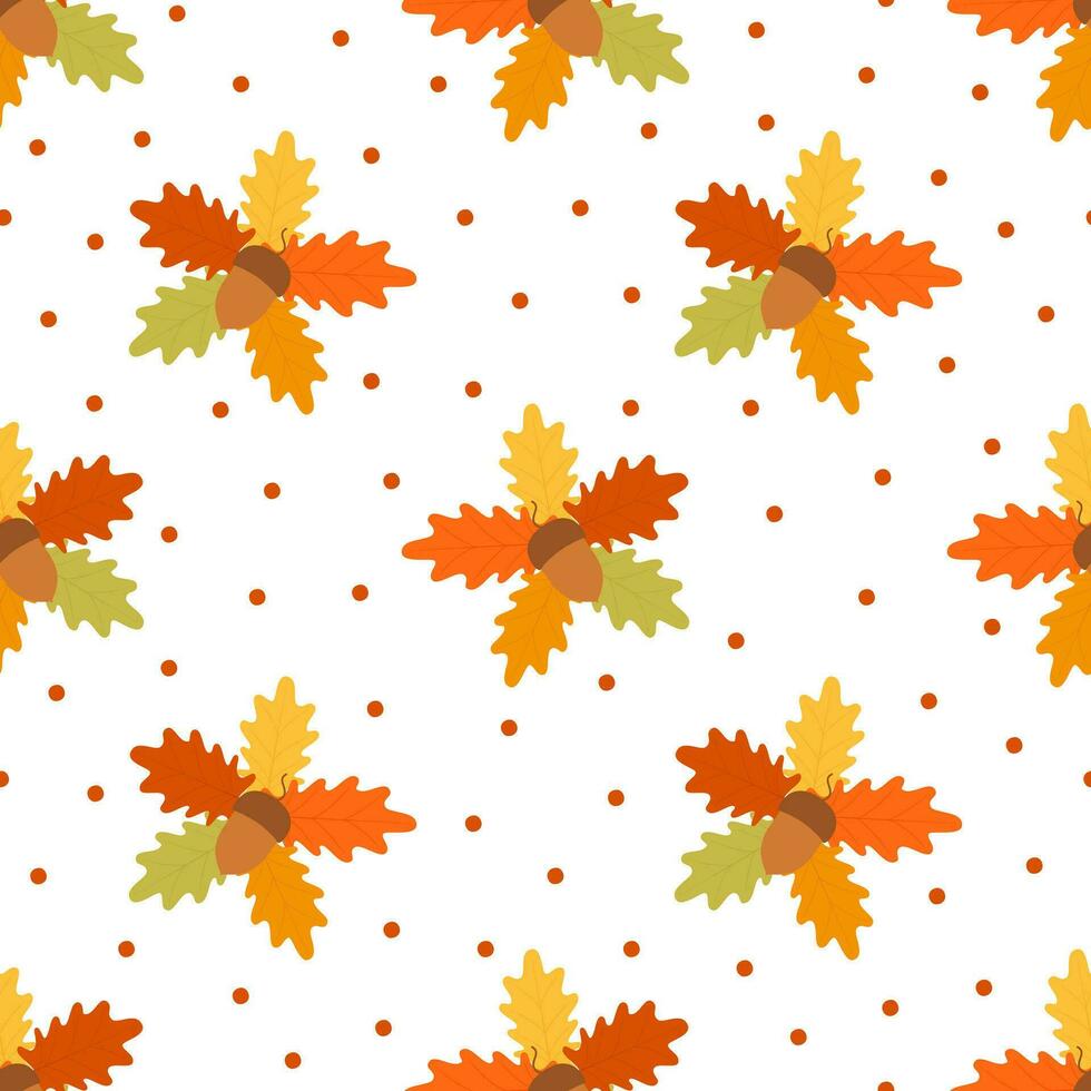 höst bakgrund med ollon och höst ek löv i orange, beige, brun och gul färger. sömlös mönster för tapet, gåva papper, bild fil, webb sida bakgrund, höst hälsning kort vektor