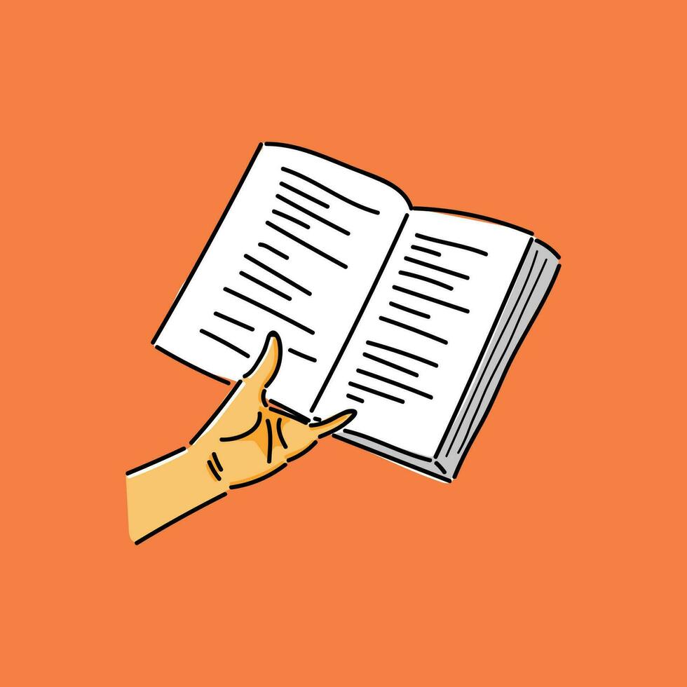 vänster hand håll bok i orange bakgrund vektor illustration design