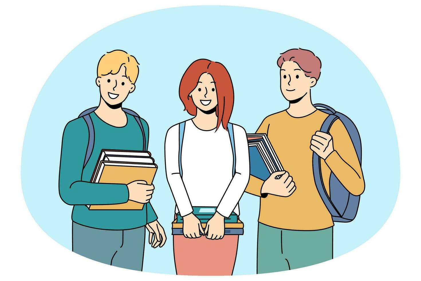 leende studenter med ryggsäckar och böcker vektor