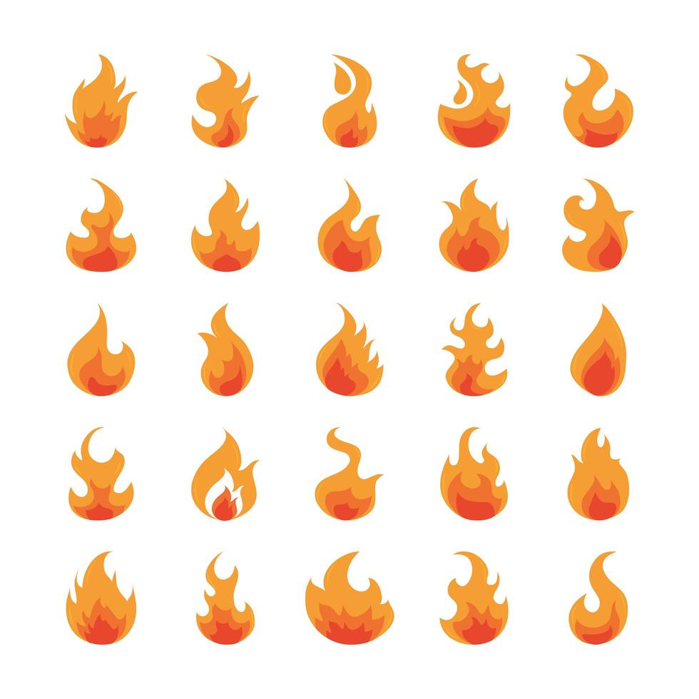 eld flamma brinnande het glöd platt design ikoner set vektor