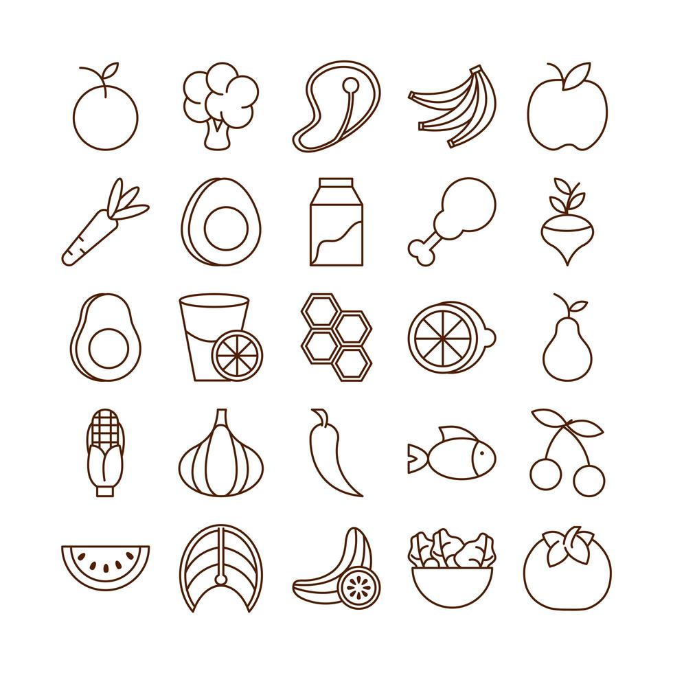 Gesundes Essen, frisches Obst, Gemüse und Protein-Zutaten-Produkte-Symbole setzen Liniensymbol vektor