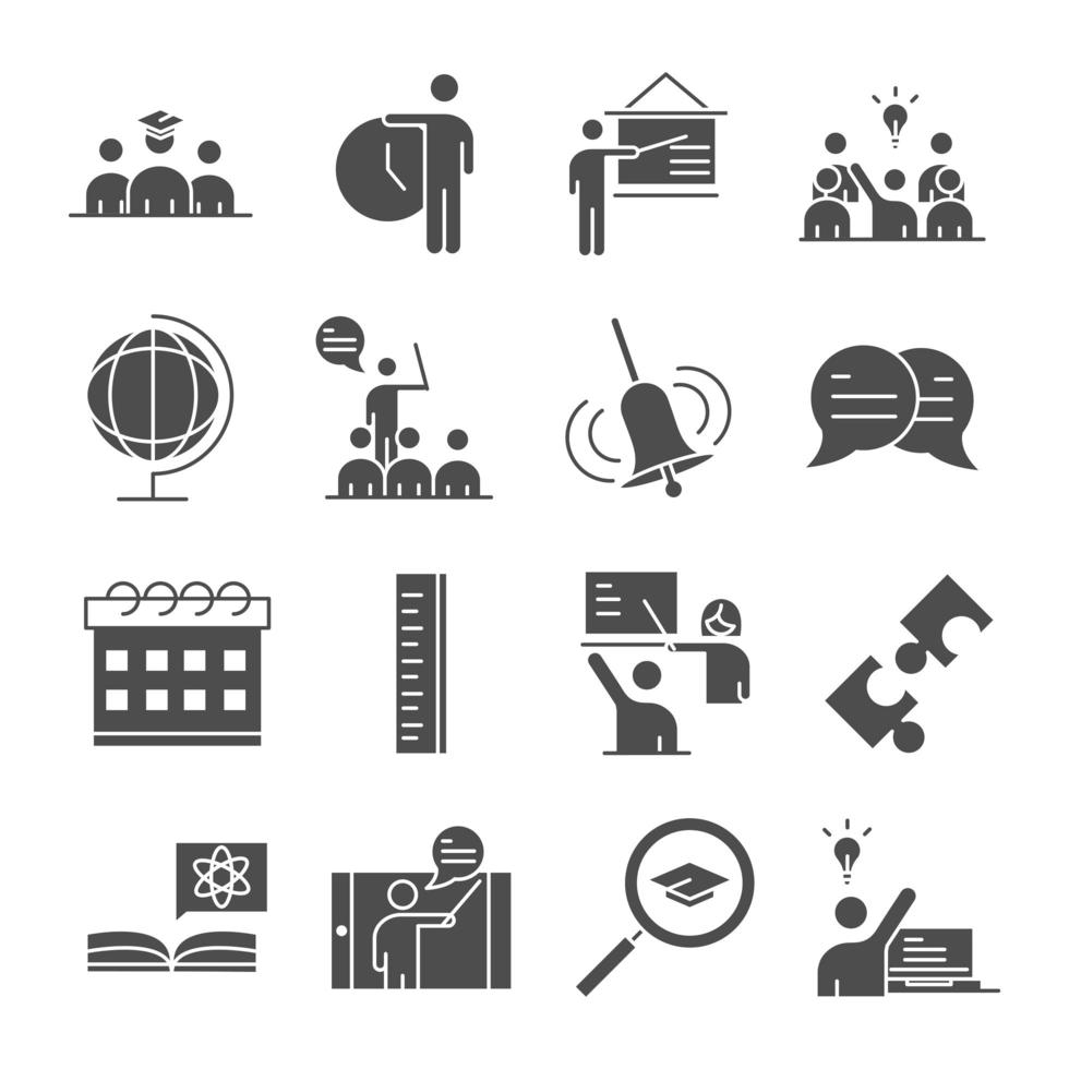 lehren schulbildung lernen wissen und ausbildung symbole set silhouette style icon vektor