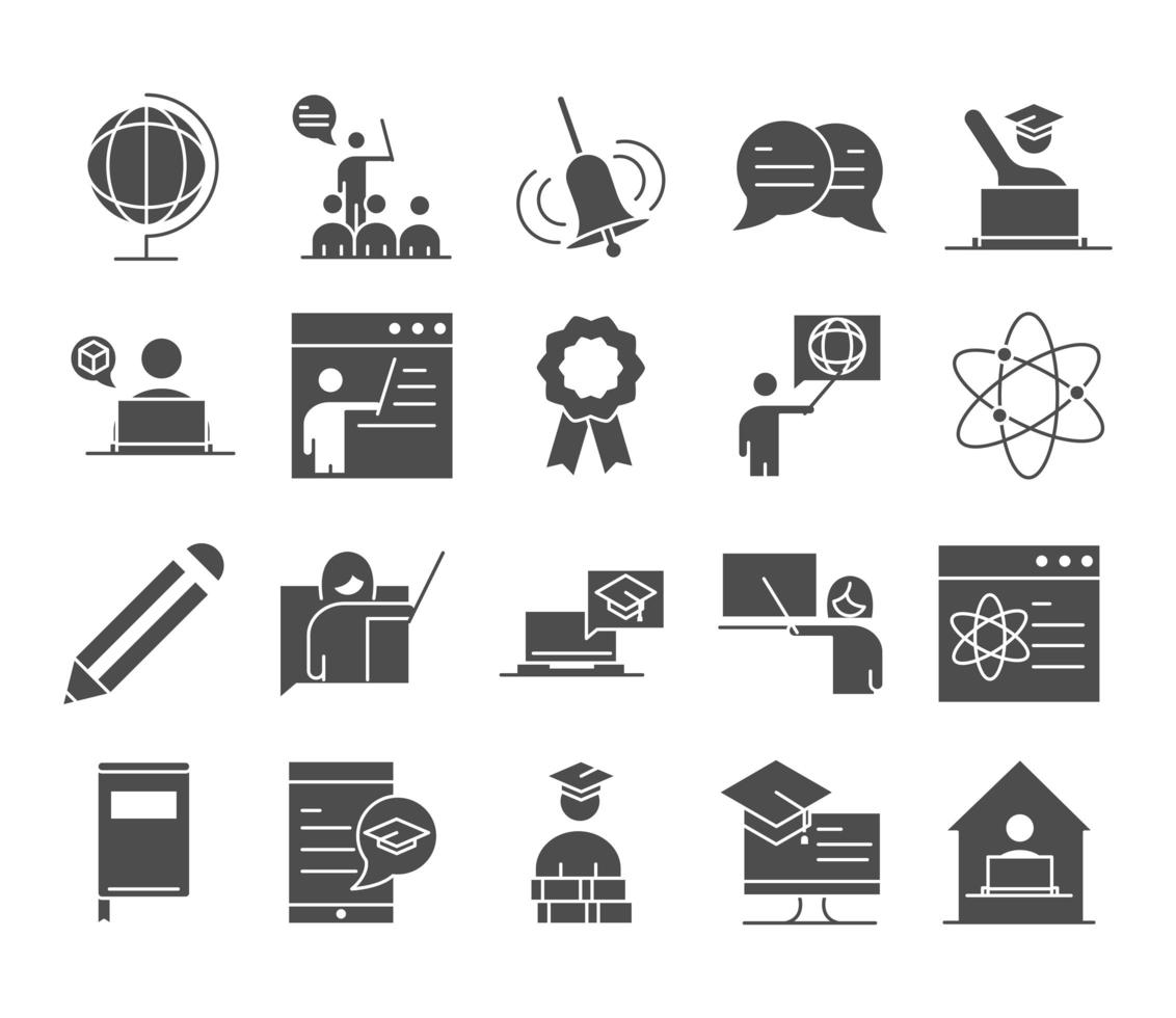 lehren schulbildung lernen wissen und ausbildung symbole set silhouette style icon vektor