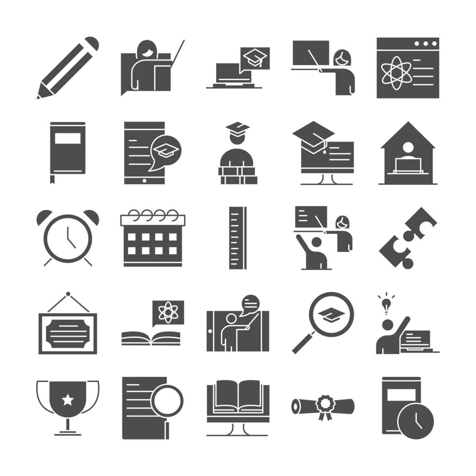 lehren schulbildung lernen wissen und ausbildung symbole set silhouette style icon vektor