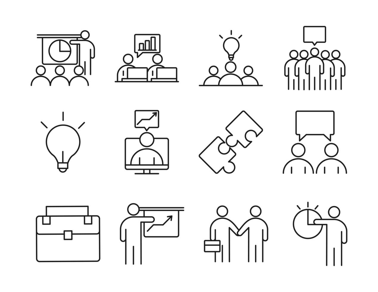 Geschäftsleute Finanzgeld Business Management Entwicklung erfolgreicher Icons Set Linienstil vektor