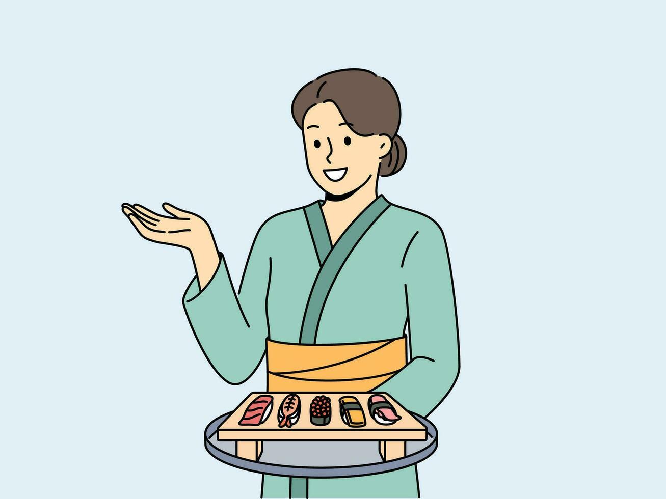 Frau Sushi Meister mit maki Vorspeise auf hölzern Tablett gekleidet im traditionell asiatisch Kimono. Mädchen funktioniert im japanisch Essen Restaurant Portion Sushi von Reis und frisch Meeresfrüchte zu Besucher. vektor
