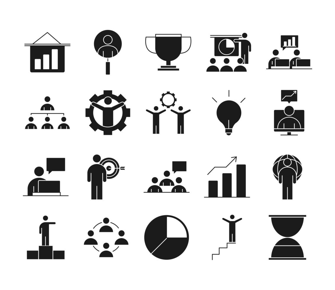 Geschäftsleute Finanzgeld Business Management Entwicklung erfolgreicher Icons Set Linienstil vektor