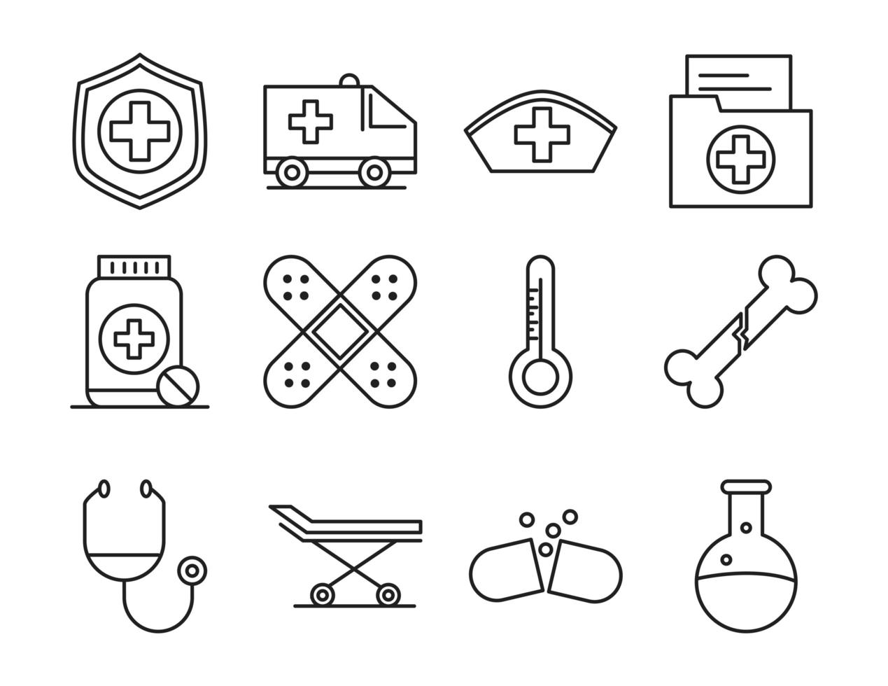 sjukvård medicinska och sjukhus piktogram linje stil ikoner set vektor