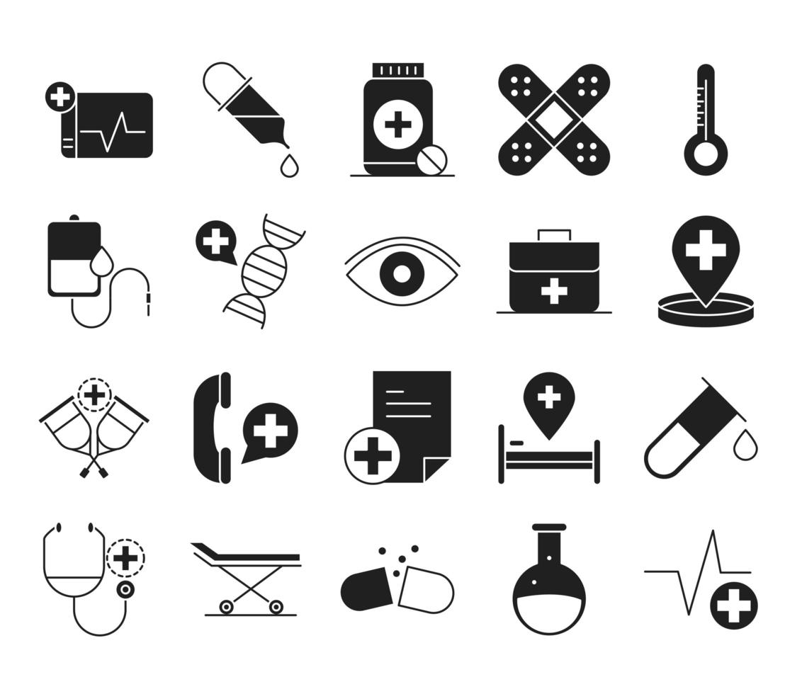 Gesundheitswesen medizinische und Krankenhaus-Piktogramm Silhouette Stil Icon Set vektor