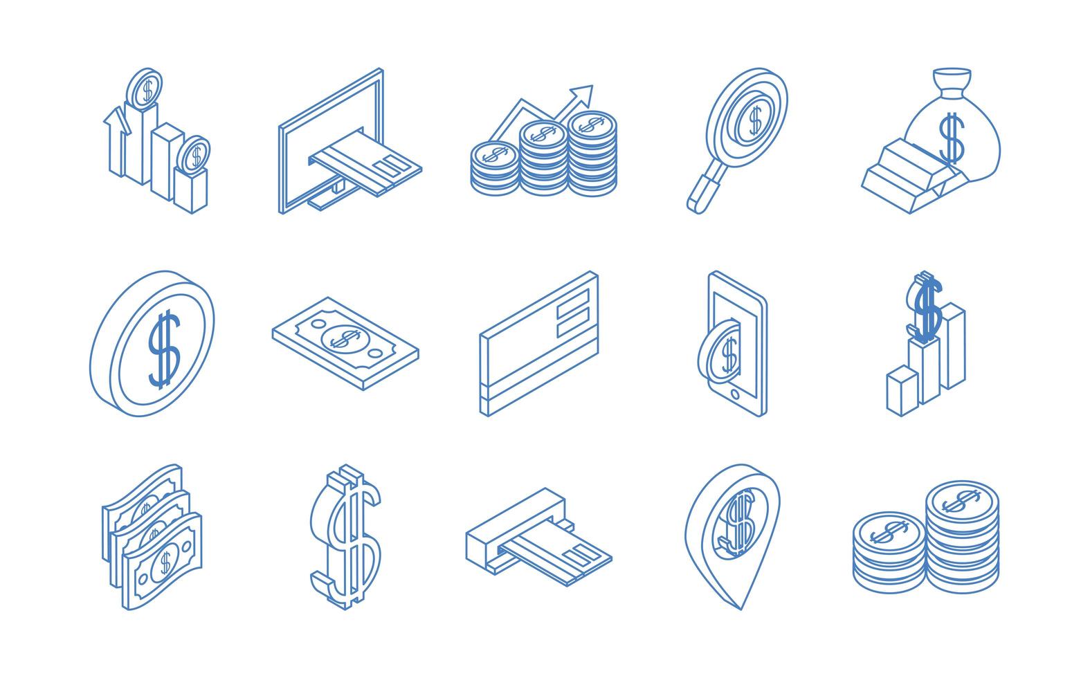 isometrisk pengar kontanter valuta affärsmynt sedlar isolerad på vit bakgrund linjär blå ikoner set vektor