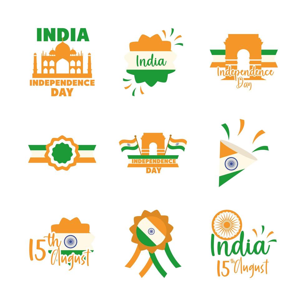 Froher Unabhängigkeitstag Indien Freiheitsfeier nationale Symbole im flachen Stil gesetzt vektor