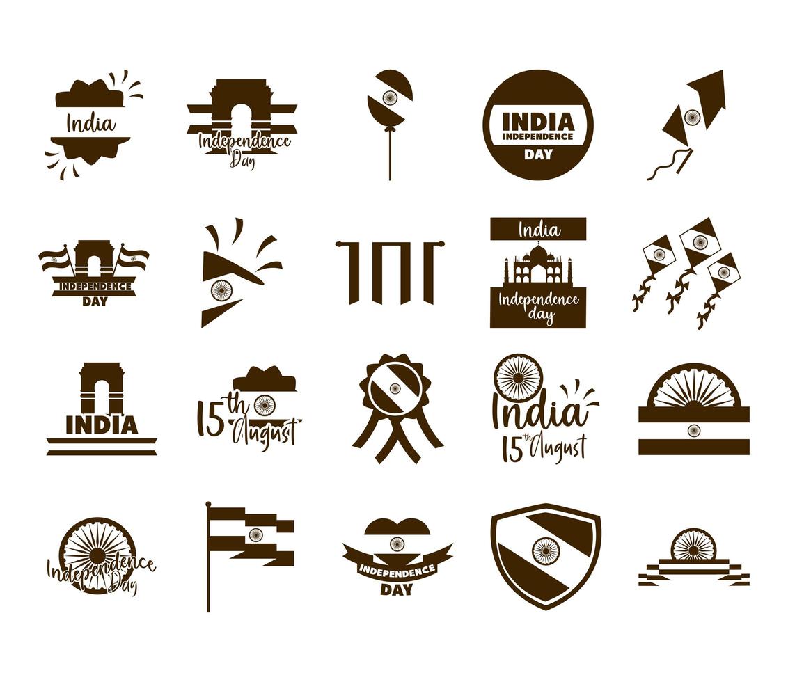 glad självständighetsdagen Indien frihet firande nationella ikoner anger platt stil vektor