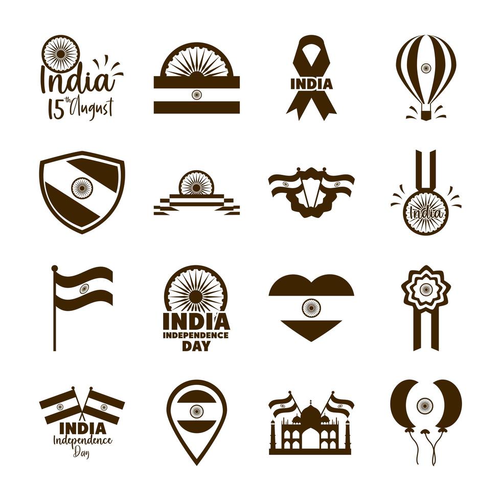 glad självständighetsdagen Indien frihet firande nationella ikoner anger platt stil vektor