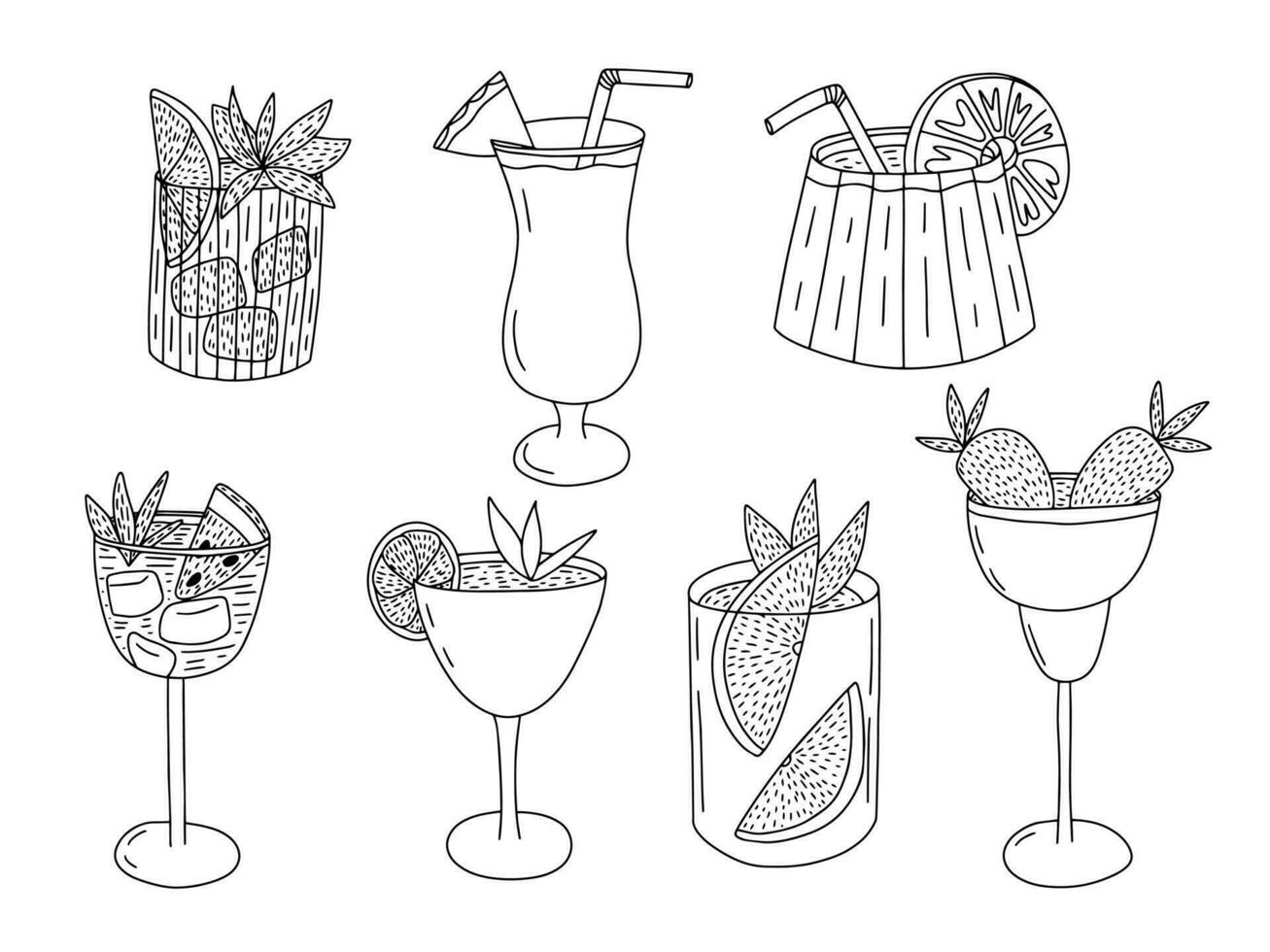 vektor alkoholhaltig cocktail glasögon skisser uppsättning. hand dragen annorlunda tropisk drycker skisser uppsättning