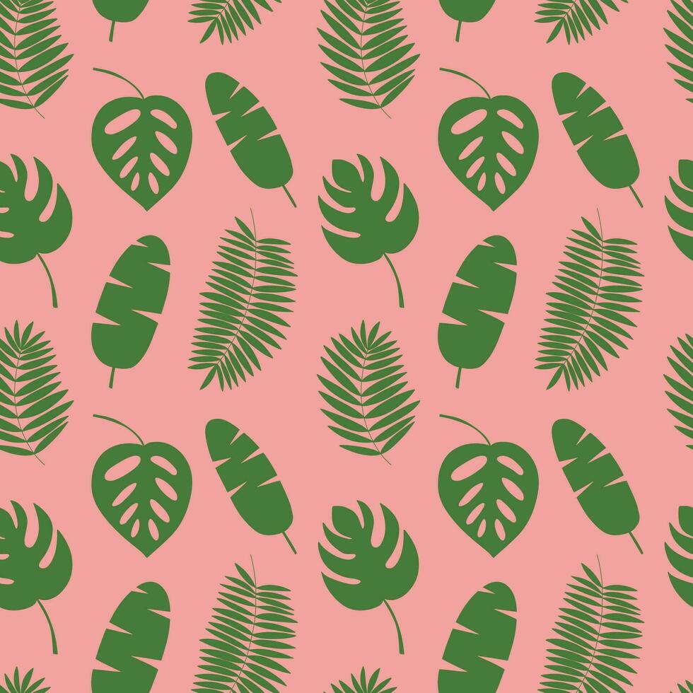 vektor tropisk handflatan löv sömlös mönster. monstera blad och banan handflatan löv på rosa bakgrund
