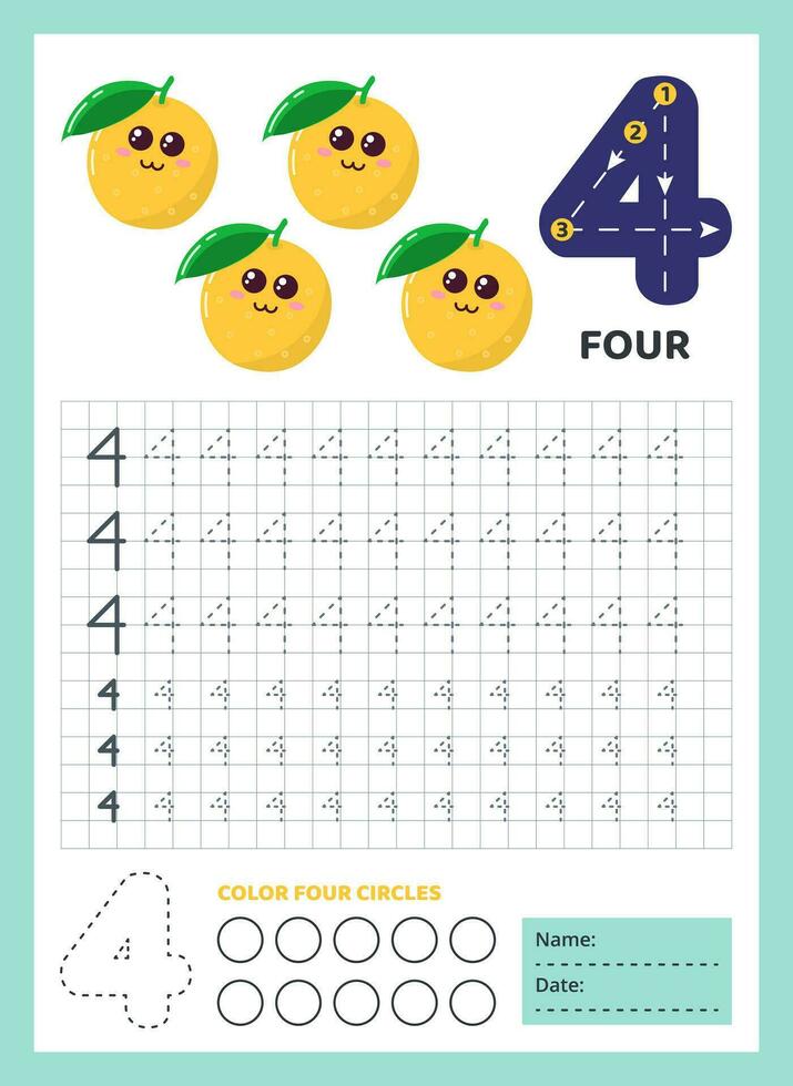 Zahlen Rückverfolgung ausüben. Schreiben Nummer vier. Rückverfolgung Arbeitsblatt mit süß vier Orangen. druckbar Grafik Aufgaben zum Motor- Fähigkeiten. Mathematik Spiel zum Kinder Wer lernen zu Anzahl und schreiben. Vektor. vektor