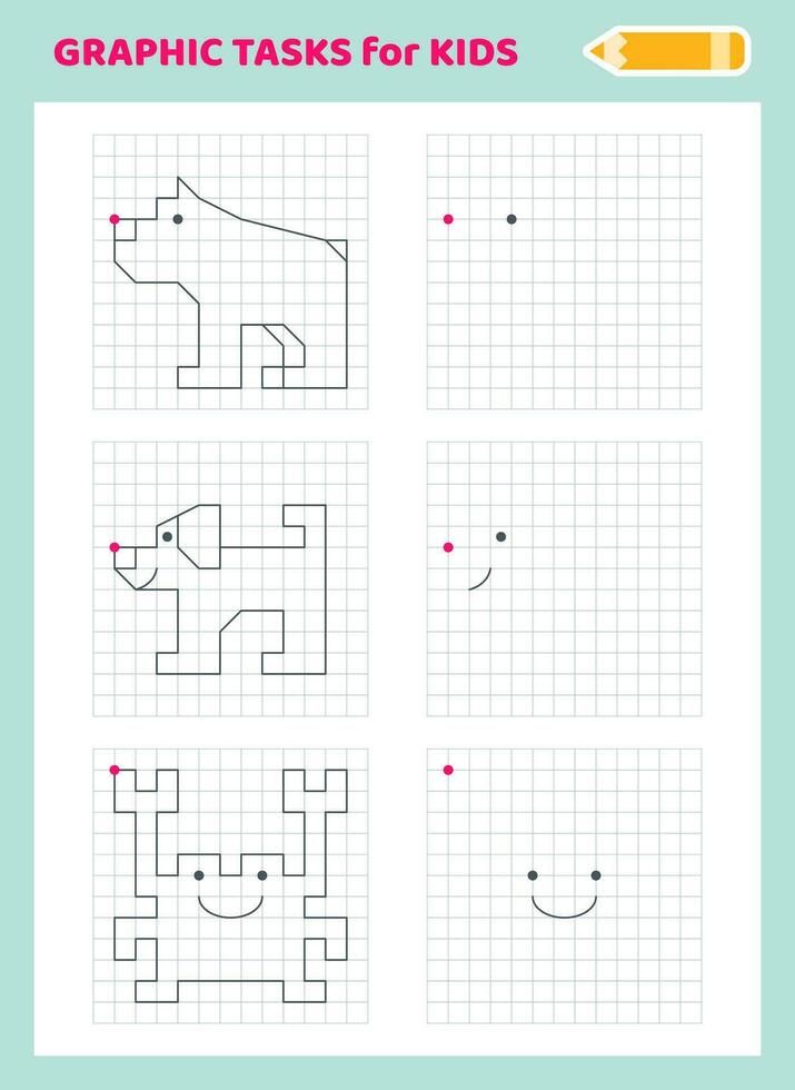 Zeichnung durch Zellen. lehrreich Spiel zum Vorschule Kinder. Arbeitsblätter zum üben Logik und Motor- Fähigkeiten. Spiel zum Kinder. Grafik Aufgaben mit anders Objekte und Elemente. Vektor Illustration