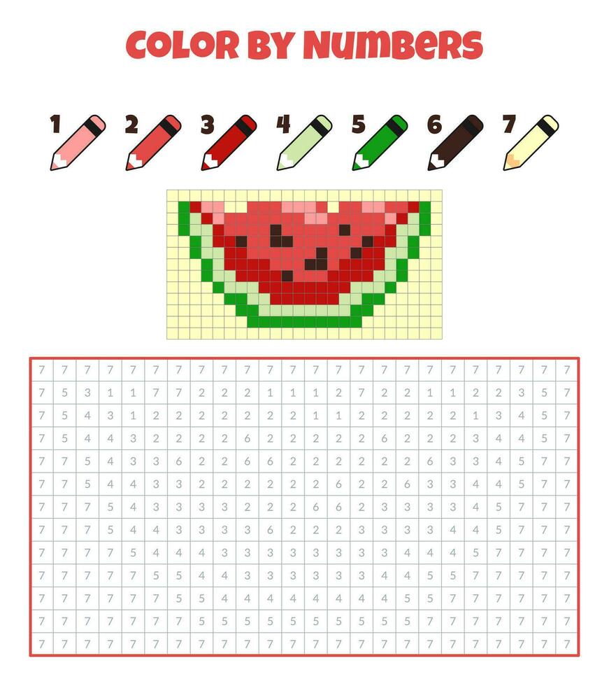 Farbe durch Zahlen. Bildung Spiel zum Kinder. Frucht, Beere, Wassermelone. Färbung Buch mit nummeriert Quadrate. Pixel Kunst. Grafik Aufgabe zum Kinder. vektor