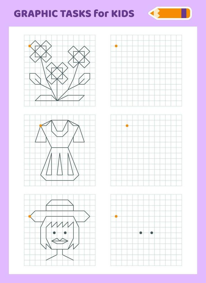 teckning förbi celler. pedagogisk spel för förskola barn. kalkylblad för praktiserande logik och motor Kompetens. spel för barn. grafisk uppgifter med annorlunda objekt och element. vektor illustration