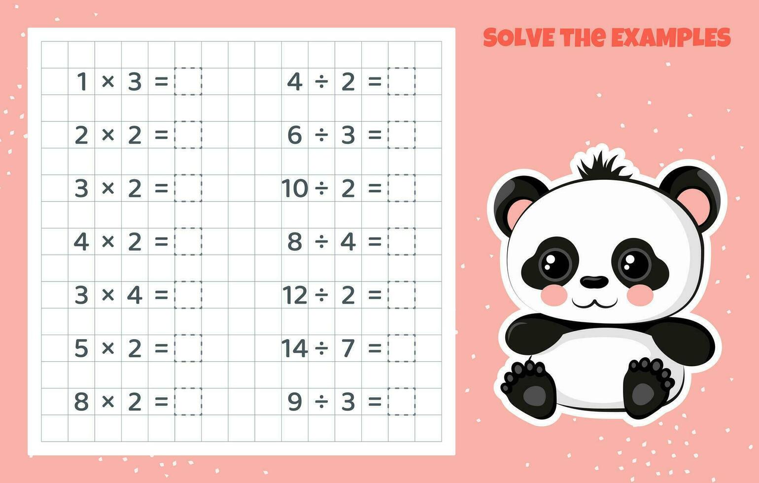 lösen das Beispiele. Aufteilung und Multiplikation. mathematisch Puzzle Spiel. Arbeitsblatt zum Vorschule Kinder. Vektor Illustration. Karikatur lehrreich Spiel mit Panda zum Kinder.