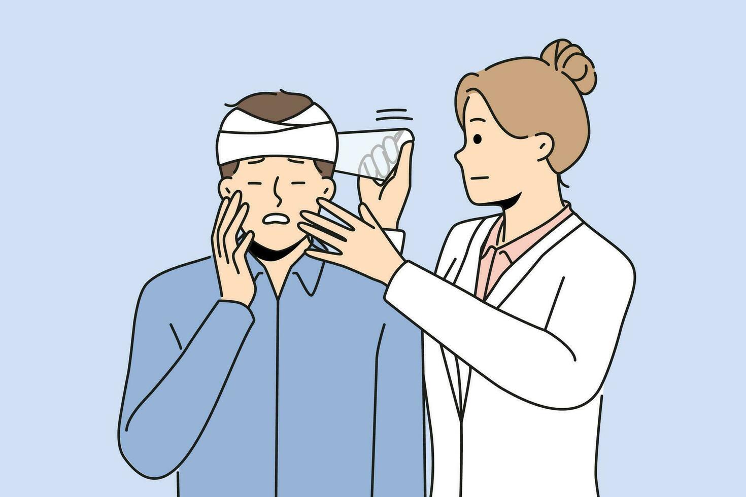 weiblich Arzt stellen Binde auf Mann Kopf. Krankenschwester Hilfe geduldig mit Kopf Verletzung oder Trauma. Gesundheitswesen Konzept, Vektor Illustration.