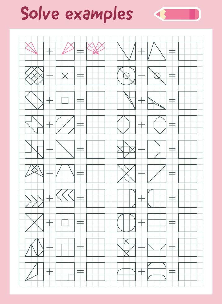 Logik Übungen zum Kinder. lösen Beispiele gemäß zu das Modell. Mathematik Spiel zum Kinder. druckbar Arbeitsblatt mit Grafik Aufgaben. Zusatz und Subtraktion. vektor