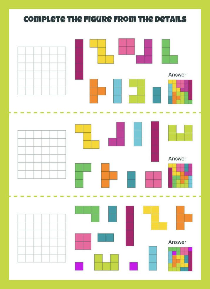 pussel spel med färgrik detaljer för barn. komplett de fyrkant, utbildning spel för barn med block, kalkylblad aktivitet, uppgift för de utveckling av logisk tänkande. vektor illustration