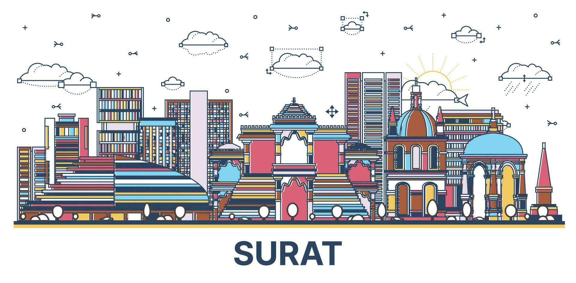 Gliederung surat Indien Stadt Horizont mit farbig modern und historisch Gebäude isoliert auf Weiß. vektor