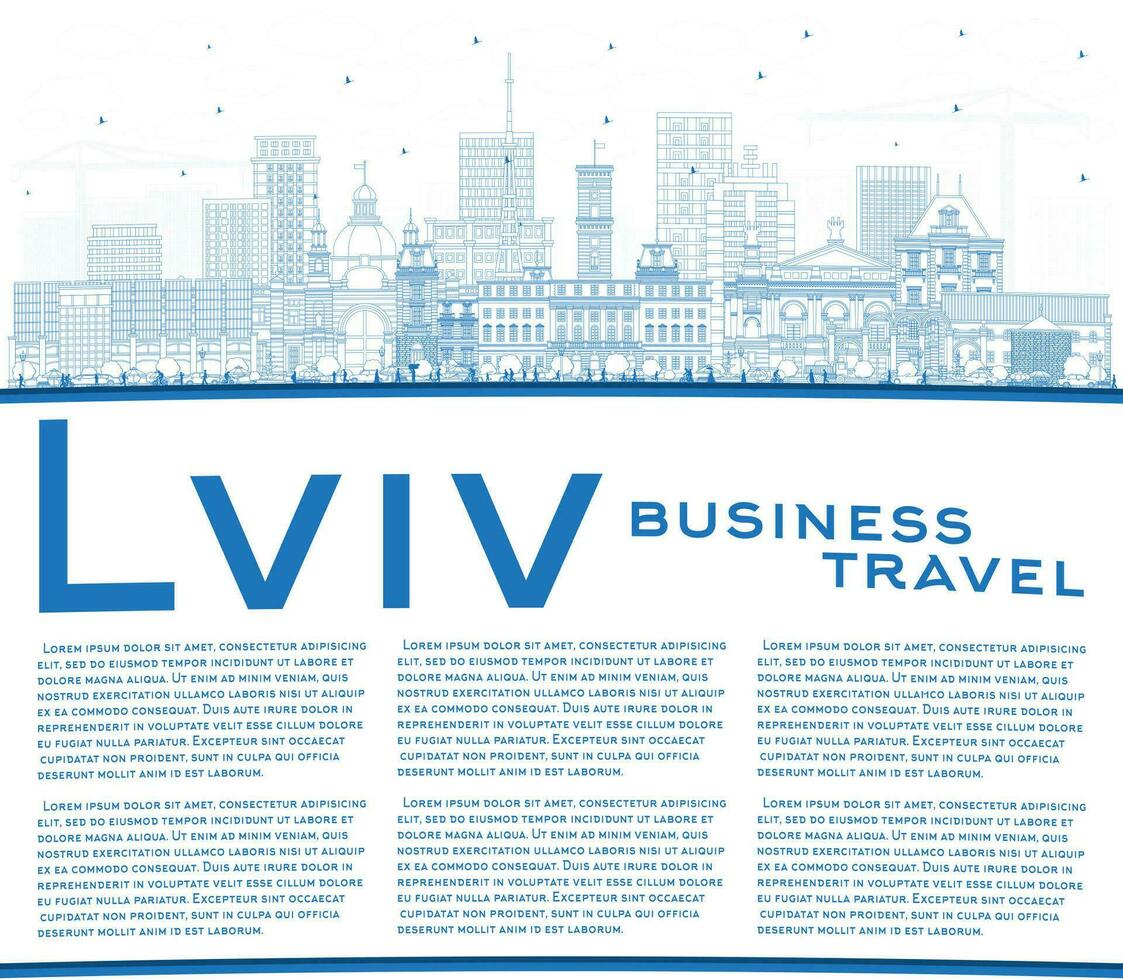översikt lviv ukraina stad horisont med blå byggnader och kopia Plats. vektor