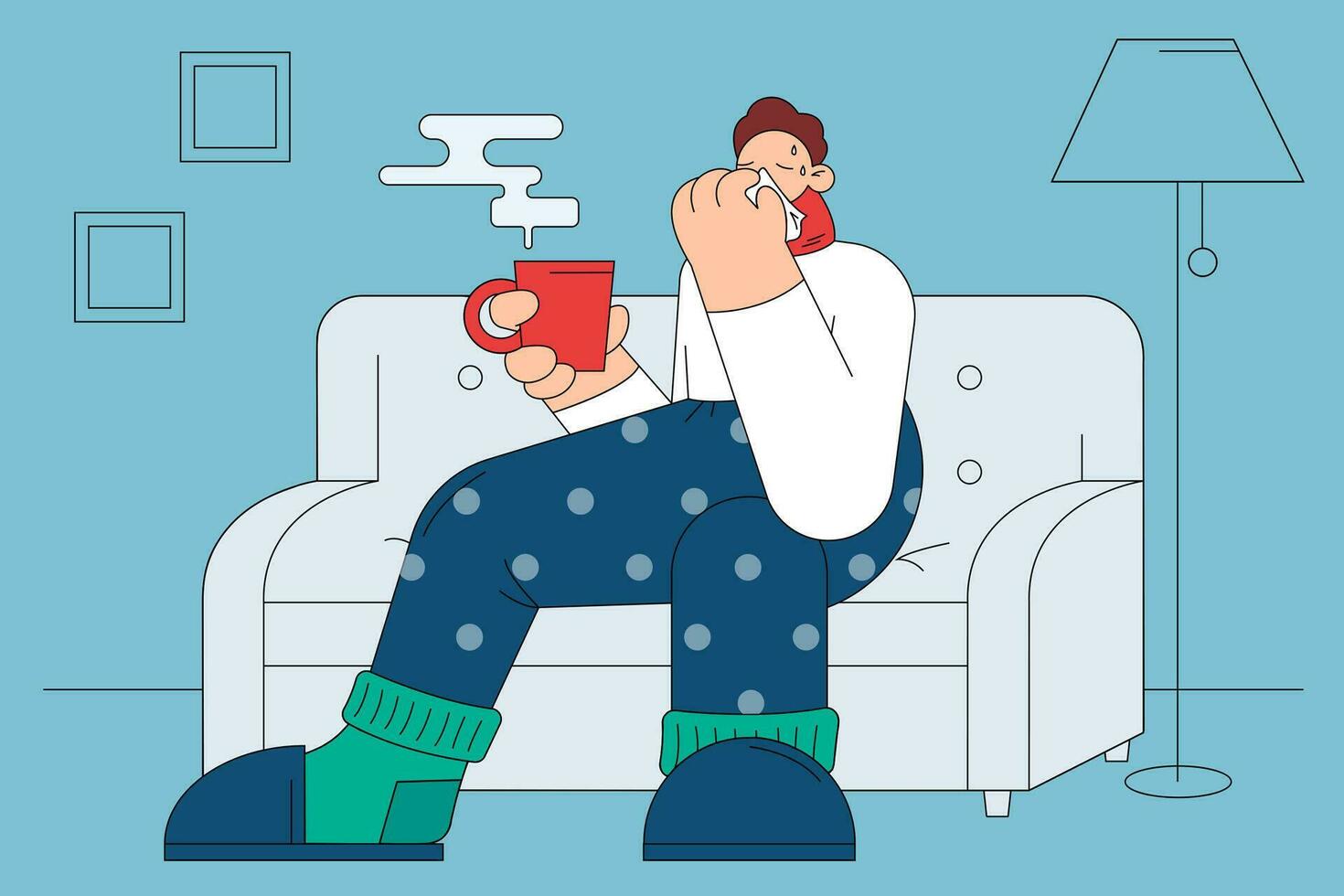 Grippe, Infektion, bekommen kalt Konzept. traurig krank Mann Karikatur Charakter im warm Socken Sweatshirt und Schal Sitzung auf Sofa mit heiß trinken, Niesen und Gefühl krank haben Fieber Vektor Illustration