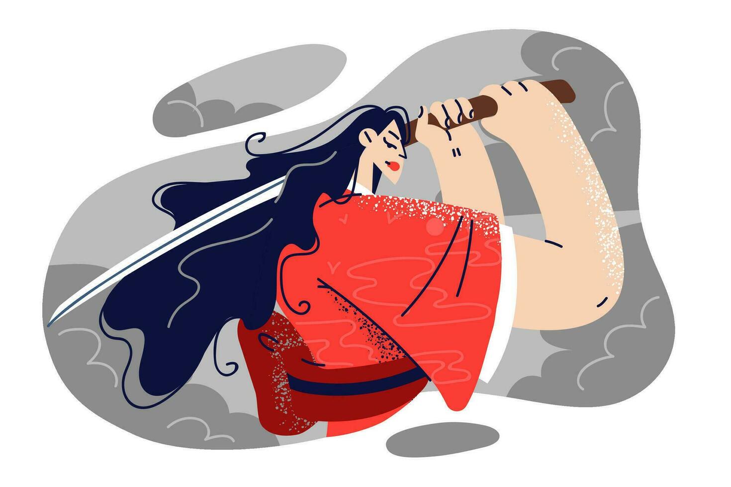 samuraj kvinna i röd kimono innehar skarp katana Träning till använda sig av asiatisk kantad vapen till bekämpa fiender. modig samuraj flicka med lång hår står i puff av rök med katana i händer. vektor