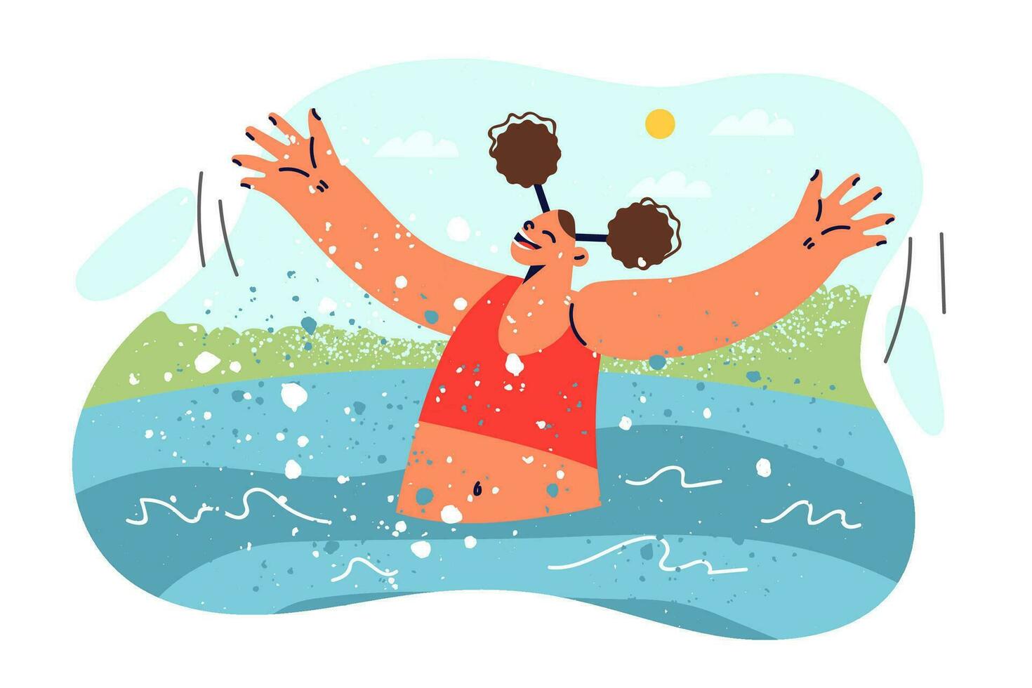 Teenager Mädchen schwimmt im Schwimmbad im heiß Wetter Ausgaben Sommer- Ferien im aqua Park oder tropisch Erholungsort. Kind Spaß Schwimmen im Schwimmbad und planschen Wasser auf Seiten zu werben Kinder Tourist Touren vektor