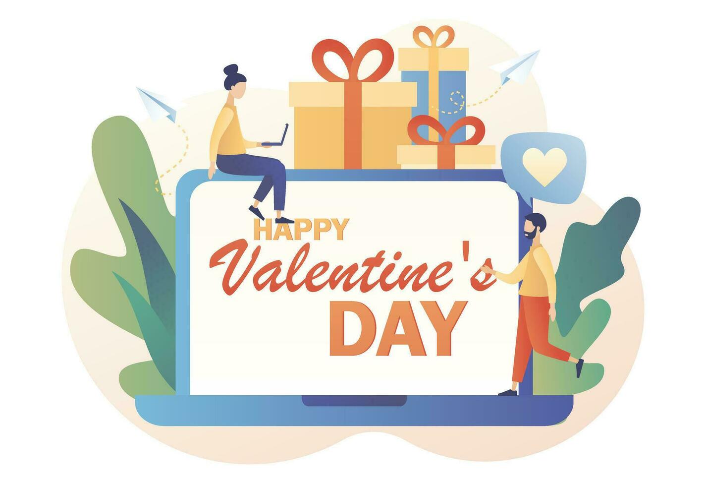 glücklich Valentinsgrüße Tag - - Text auf Laptop Bildschirm. romantisch Beziehungen und Datum. winzig Menschen im Liebe grüßen jeder andere. modern eben Karikatur Stil. Vektor Illustration auf Weiß Hintergrund
