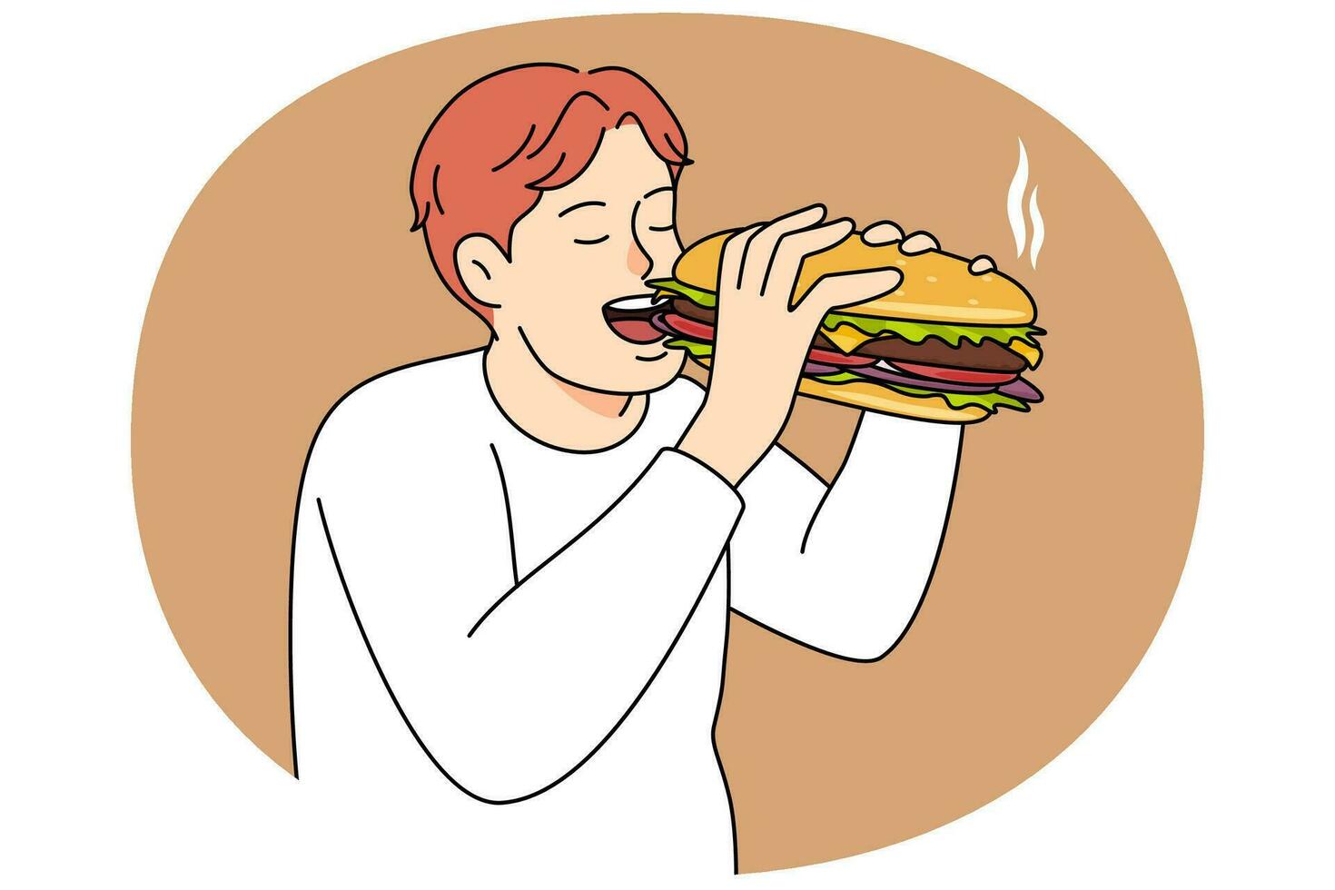 hungrig Mann Essen groß Burger. aufgeregt männlich genießen lecker frisch Hamburger im Restaurant. schnell Essen Konzept. Vektor Illustration.